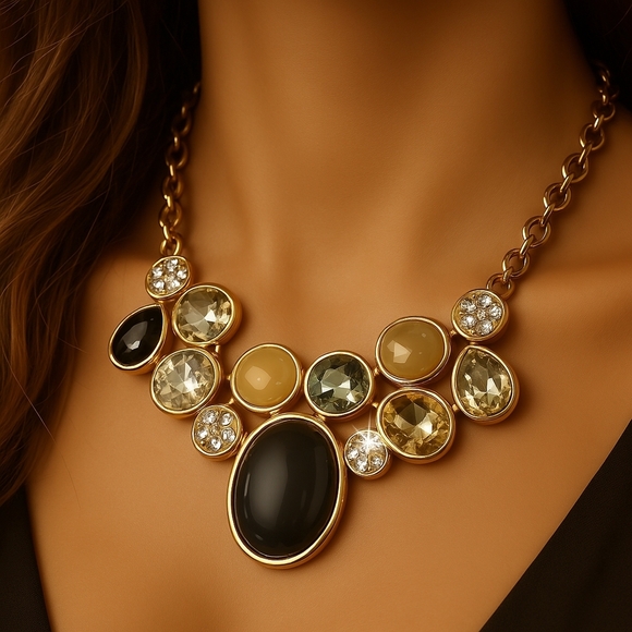 18 Inches Old Gold-tone Statement Necklace with Shiny Stone and Crystals - Picture 1 of 8
